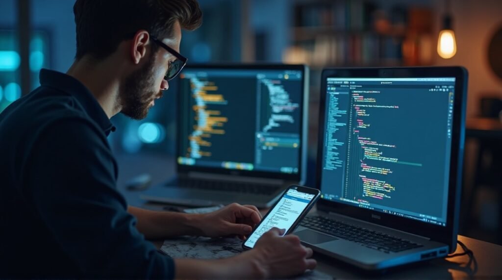 مطور ويب يختبر موقعًا متجاوبًا في إطار مراحل إنشاء المواقع في IMZDesigns