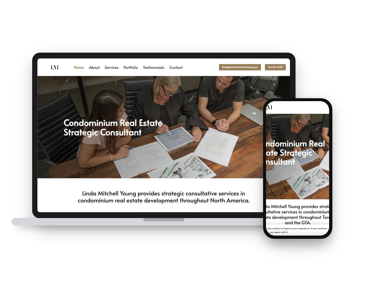 Linda Mitchell Marketing website created by IMZDesigns, shown on desktop and mobile