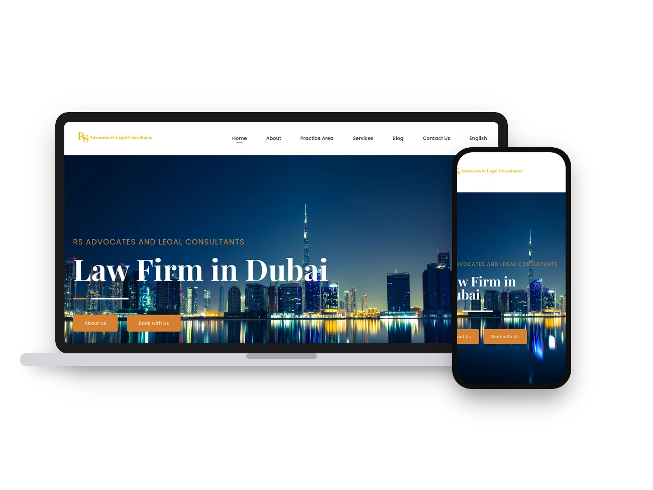 RS Advocates law firm website created by IMZDesigns, shown on desktop and mobile