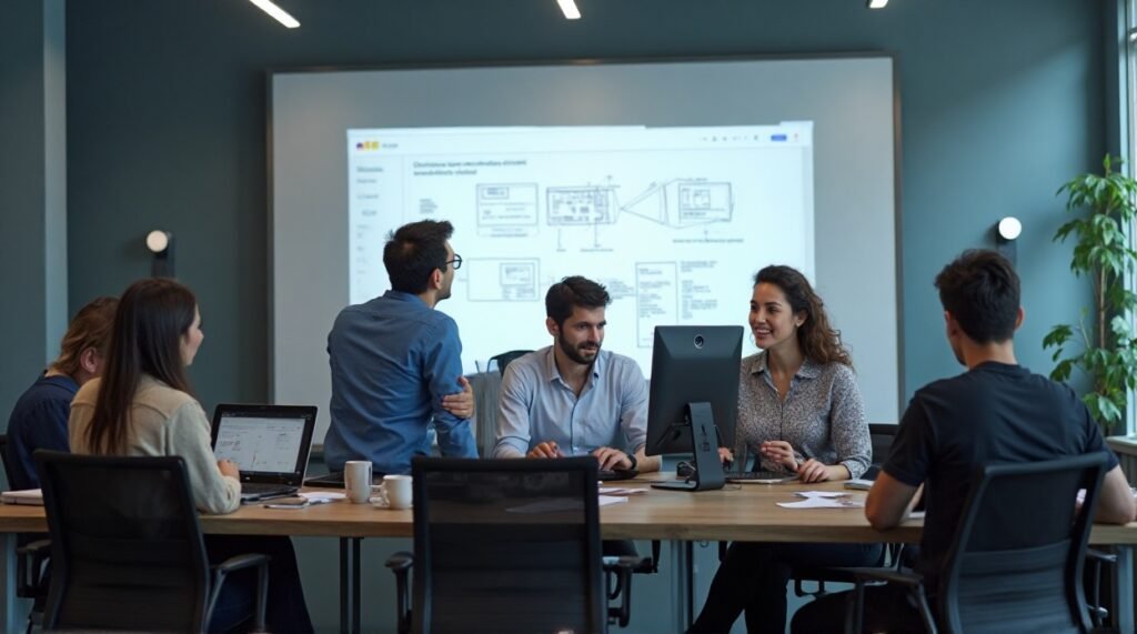 Équipe IMZDesigns en réunion avec un client pour définir les objectifs du site web lors du processus de création de site web